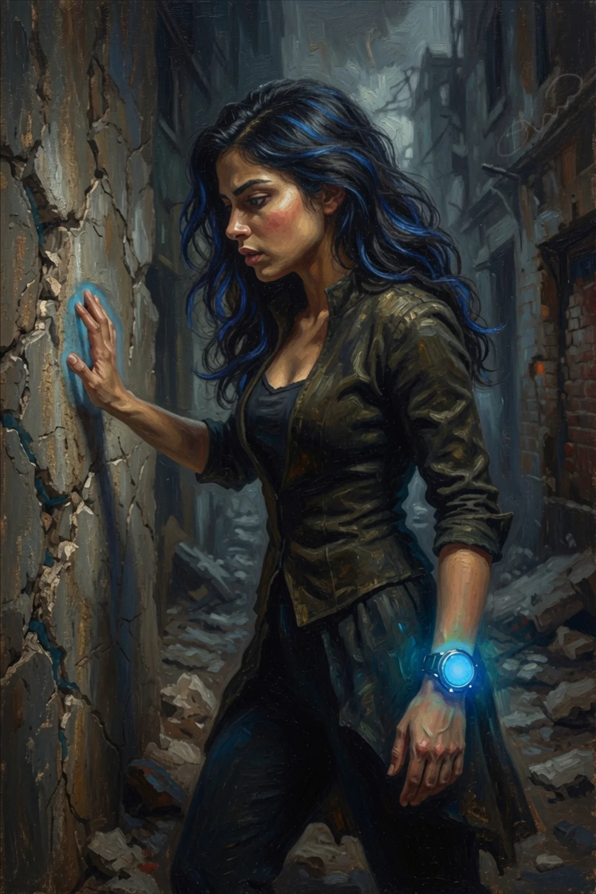 Zeph touching a glowing blue mark on a ruined wall, with a blue-lit wrist device.