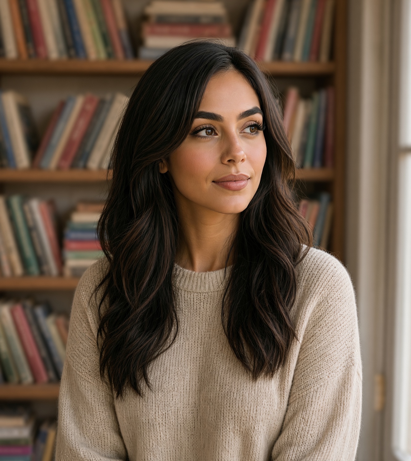 Z.N. Cruz beside a bookshelf.